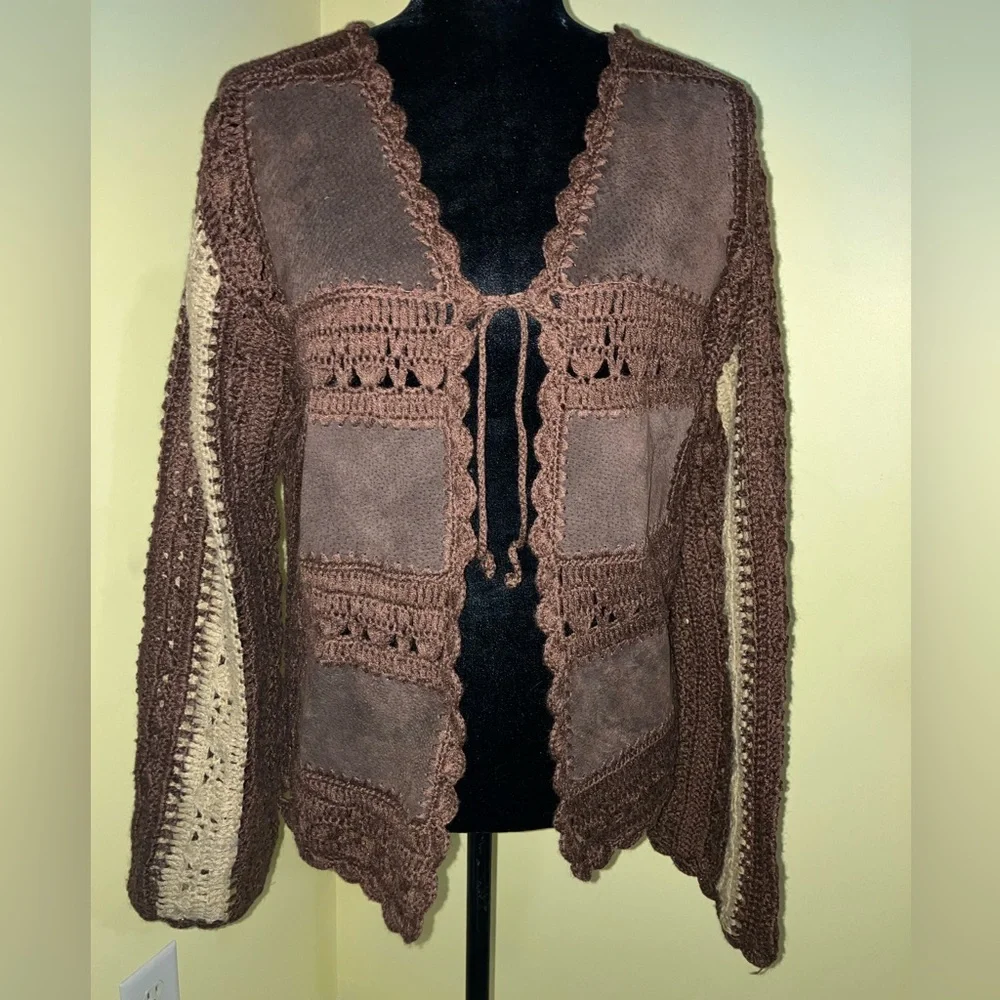Vintage suede crochet patchwork jacket sz L large tie front boho hippie Dopamine - Picture 2 of 6